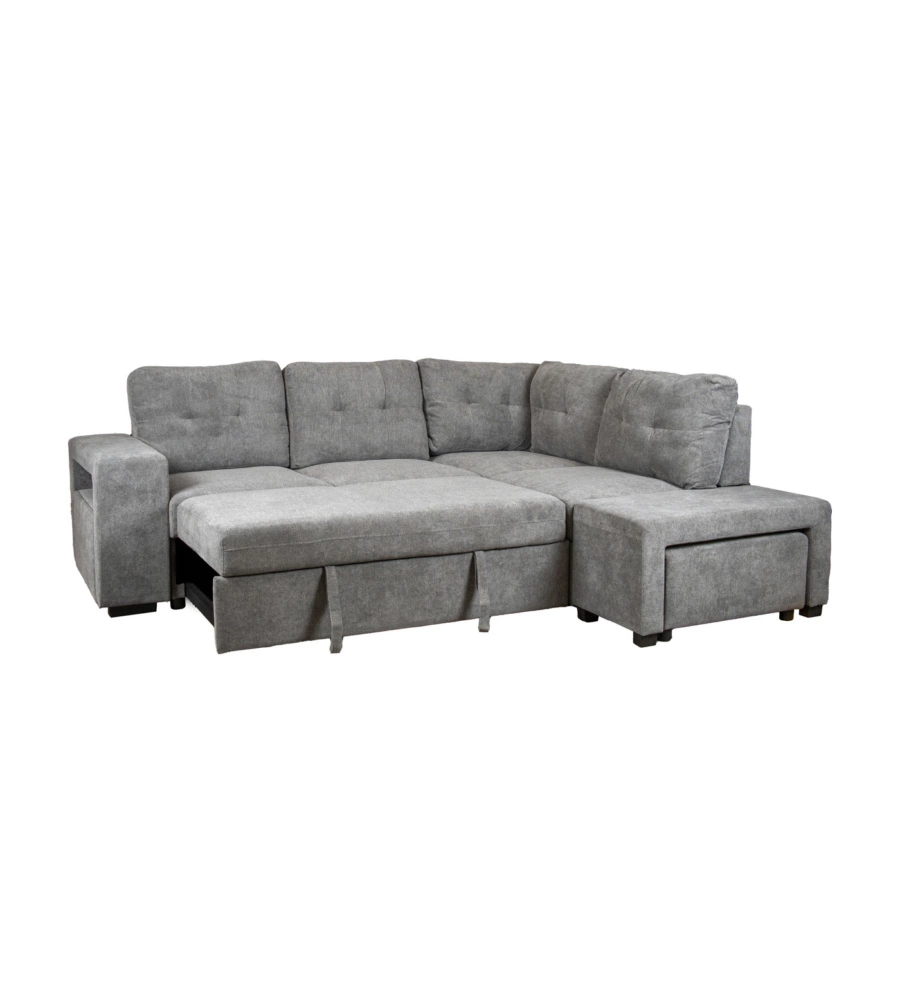 DIVANO LETTO CON PENISOLA A DESTRA BELLAHOME "GAIA" TESSUTO GRIGIO CON POUF E CONTENITORI, 254X83/194X88 CM